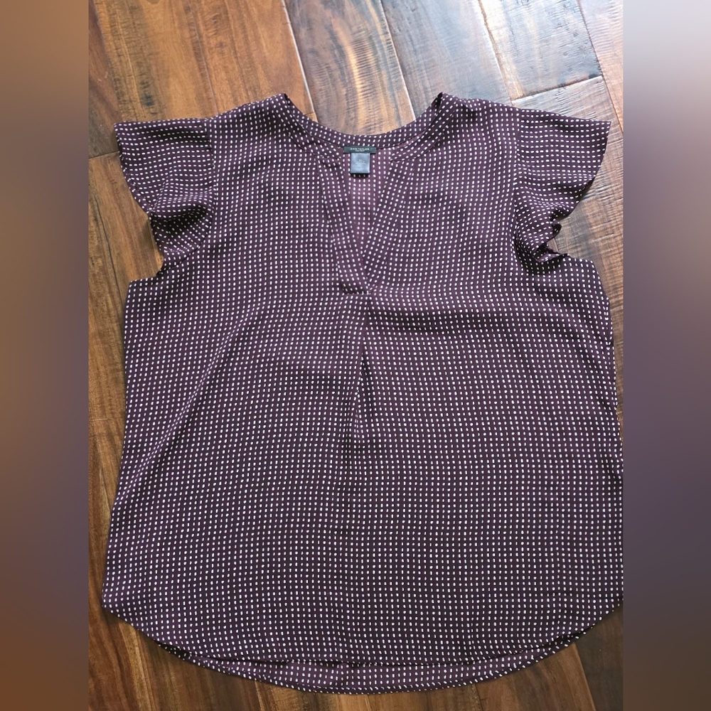 Ann Taylor Burgungy Flutter Sleeve Polka Dot Blouse, Size XL